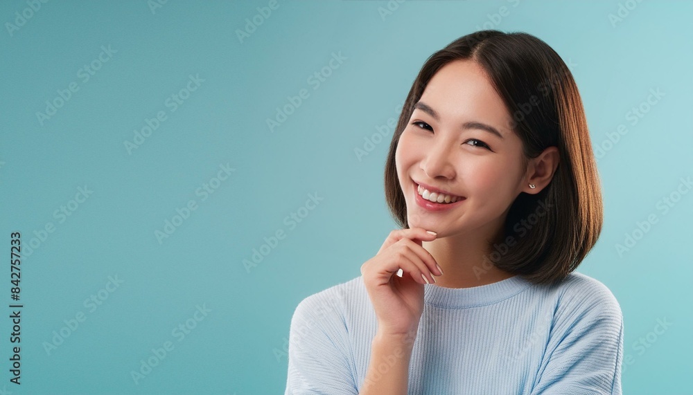 A woman smiling thoughtfully against a blue background. A woman smiling thoughtfully against a blue background.