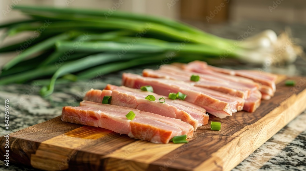 Sliced fresh pork meat displayed on a cutting board with green onions in the background in a kitchen setting Sliced fresh pork meat displayed on a cutting board with green onions in the background in a kitchen setting