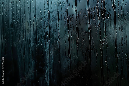 water drops in window glass. Rain on the window. Dark blue wet transparent glass of window. AI generated