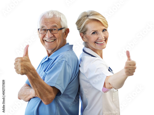 friendly nurse senior citizen stand back together lift thumb up camera positive mood