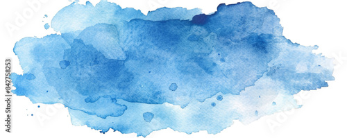 Horizontal blue watercolor splash with vibrant, textured brushstrokes and scattered droplets on a transparent background. Abstract art for design and print