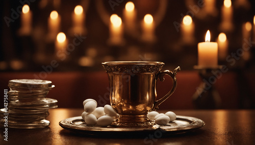 Metal bowl with candies on a background of candles