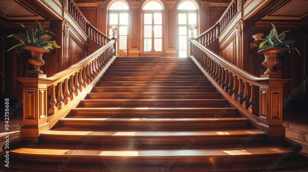 Obraz premium wooden staircase in elegant estate, focus on, classic theme, vibrant, silhouette, mansion backdrop
