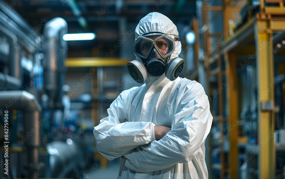 Female scientist in protective PPE suit with arms crossed in industrial laboratory. Science and research concept. Woman researcher standing in factory Female scientist in protective PPE suit with arms crossed in industrial laboratory. Science and research concept. Woman researcher standing in factory