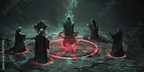 Baleful Summoning: Demonic Cultists Calling Forth Hellish Beings - Cultists standing within a circle of runes, their voices raised in an unholy chant as they summon creatures of the infernal realms