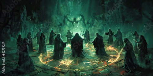 Baleful Summoning: Demonic Cultists Calling Forth Hellish Beings - Cultists standing within a circle of runes, their voices raised in an unholy chant as they summon creatures of the infernal realms