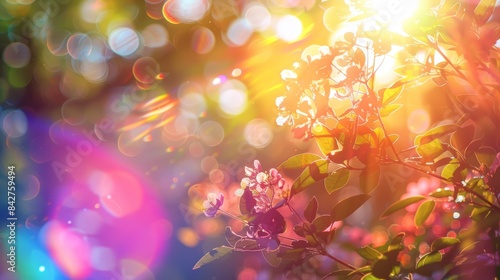 vibrant sun lens flare overlays with rainbow accents, focus on, artistic theme, whimsical, composite, light backdrop © tanapat