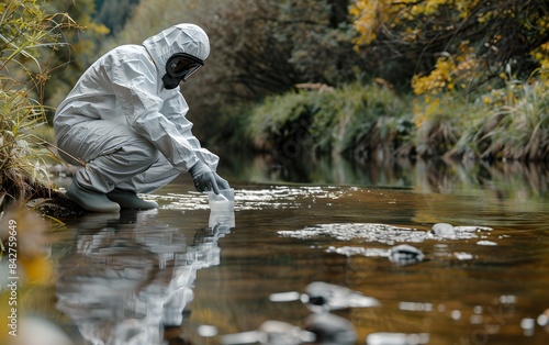 Scientist collecting water sample from river. Science and research concept. Ecology, environmental disaster and pollution. Examination and analysis. Researcher in protective suit