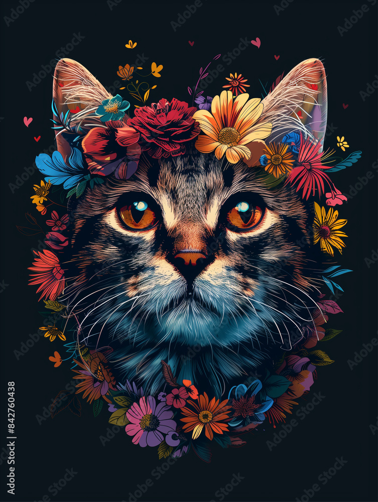 Fototapeta Illustration of a cat's head adorned with vibrant floral designs