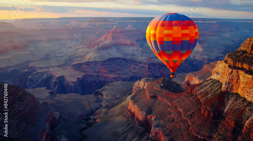 Grand Canyon sunset with a colorful hot air balloon floating above, scenic and tranquil. (AI generative)