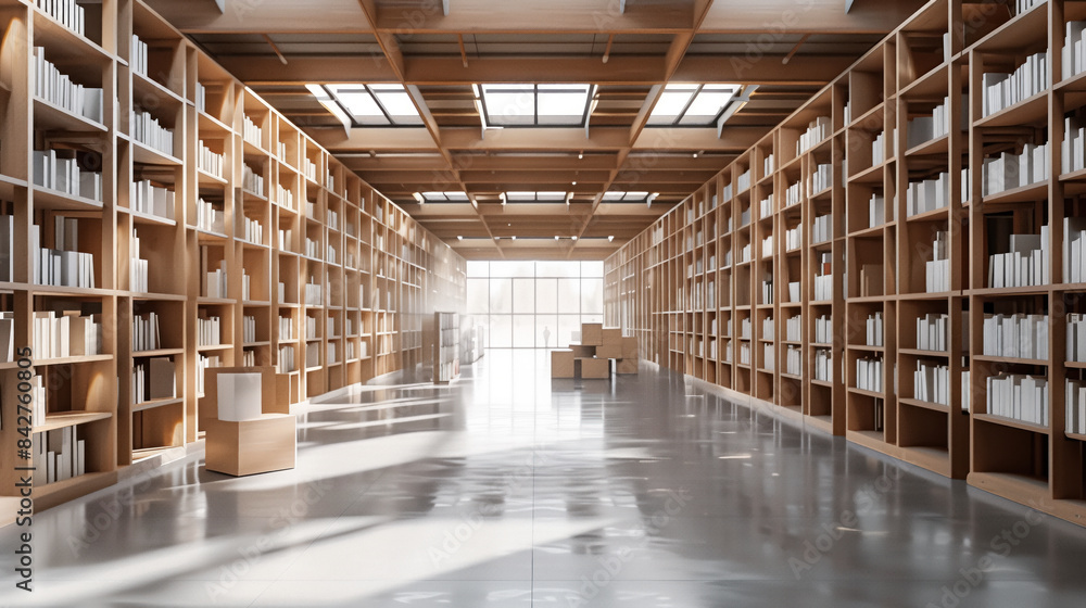 Big warehouse with wooden shelves filled with goods. Background image. Created with Generative AI technology.
