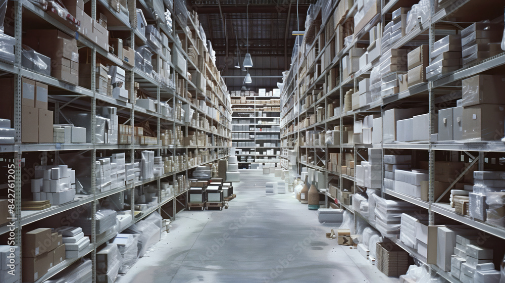 Fototapeta premium Big warehouse filled with goods. Background image. Created with Generative AI technology.