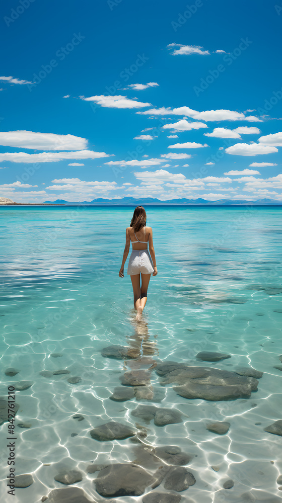 Back view beautiful woman standing in crystal clear beach water Back view beautiful woman standing in crystal clear beach water