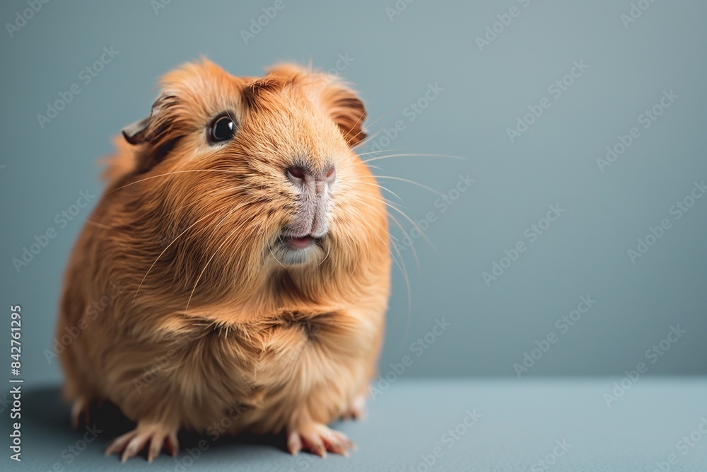Fototapeta premium A studio photo of a cute guinea pig against a background of pastel shades, taken with soft lighting. The guinea pig stands off-centre. 