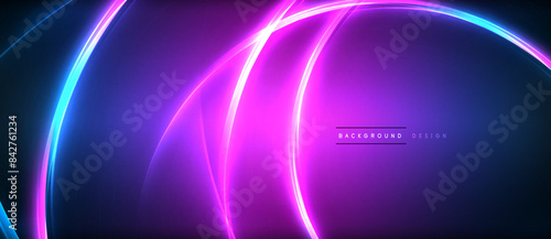 Neon glowing circle rays, light round lines in the dark, planet style neon wave lines. Energetic electric concept design for wallpaper, banner, background