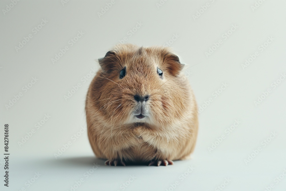 Fototapeta premium A studio photo of a cute guinea pig against a background of pastel shades, taken with soft lighting. The guinea pig stands off-centre. 