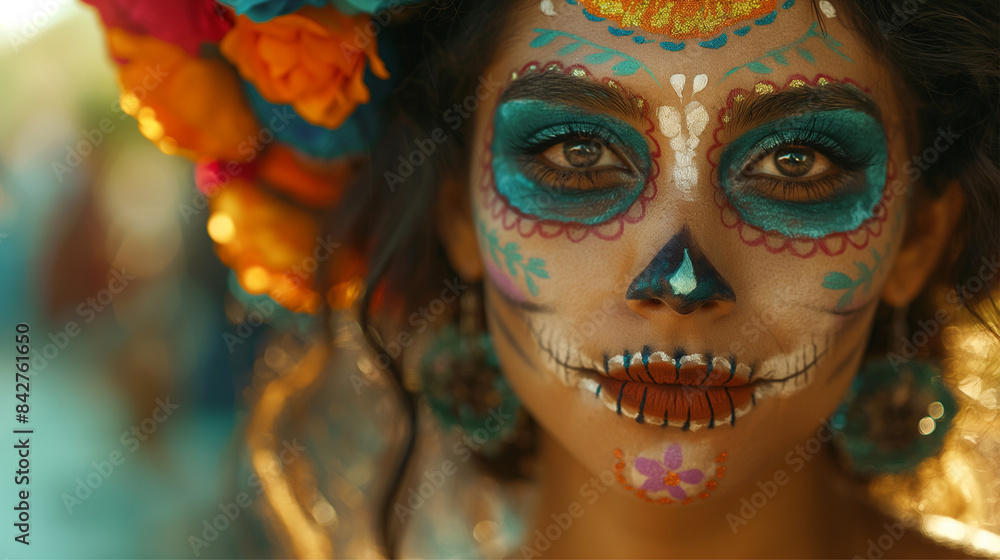 Close-up of a woman with colorful Day of the Dead makeup showcasing cultural beauty and tradition Close-up of a woman with colorful Day of the Dead makeup showcasing cultural beauty and tradition