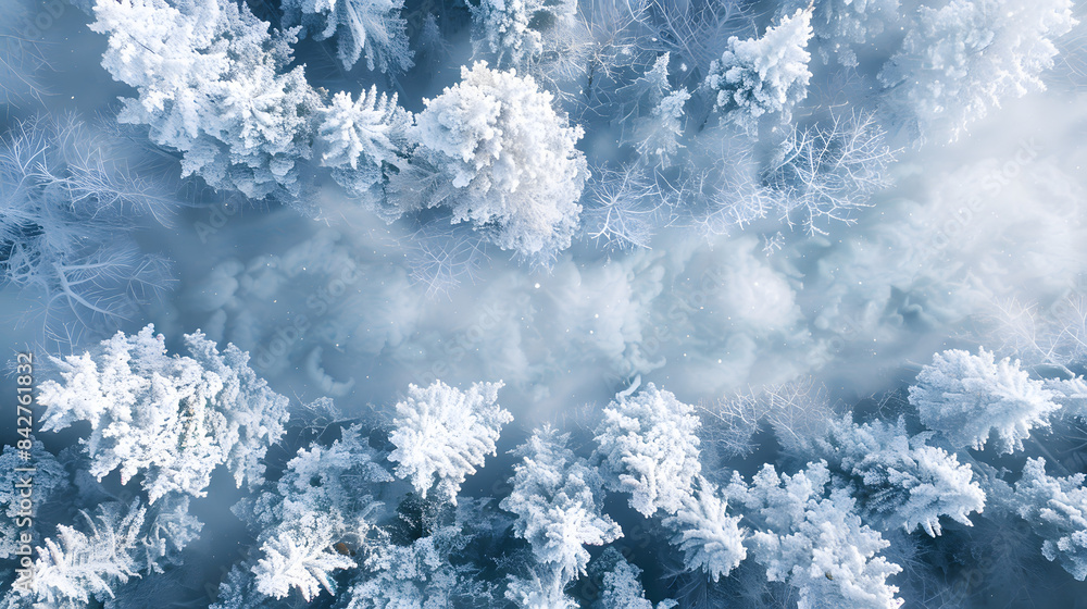 Charming snow-covered forest with frosted trees and icy river. Overhead view banner. Copy space concept. Charming snow-covered forest with frosted trees and icy river. Overhead view banner. Copy space concept.