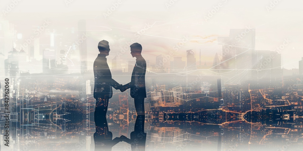 Two business people shaking hands over a cityscape with a digital ...