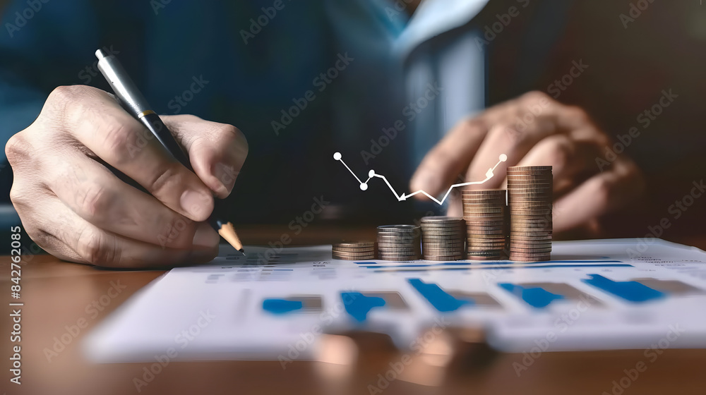 Close up of a businessman sketching a growth graph and financial chart with a stack of coins on the table Close up of a businessman sketching a growth graph and financial chart with a stack of coins on the table