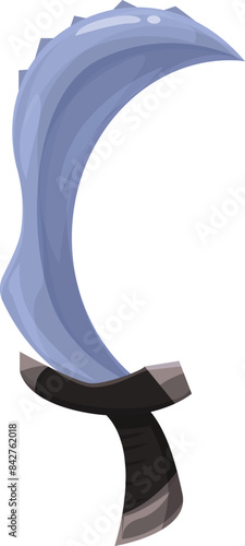 Cartoon style icon of a fantasy short sword with a crescent blade and black hilt, for game design