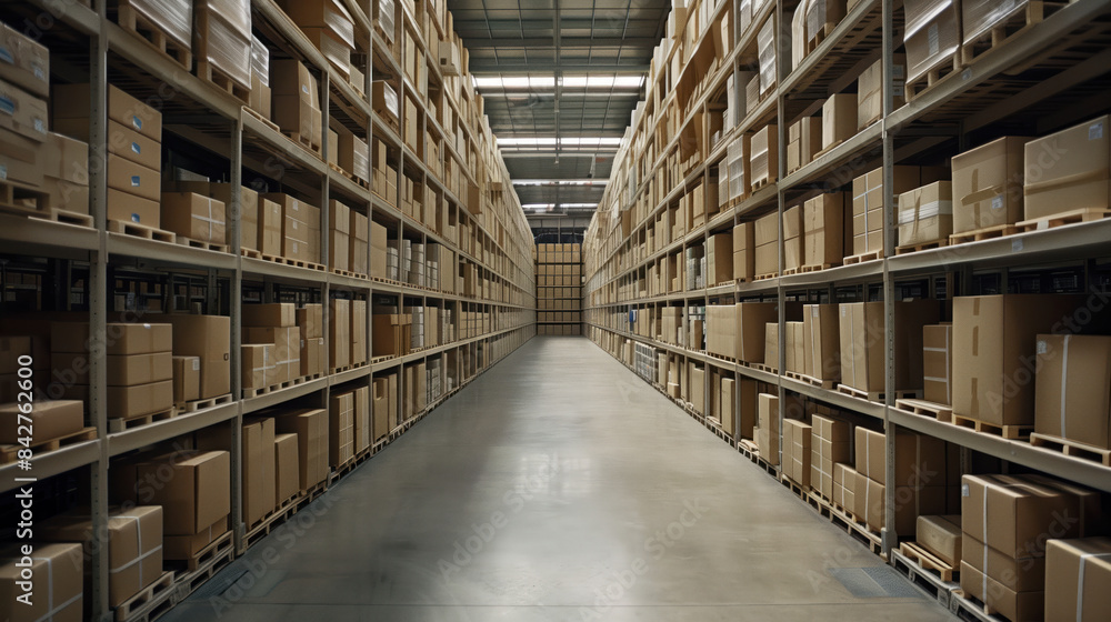 Big warehouse filled with goods. Background image. Created with Generative AI technology. Big warehouse filled with goods. Background image. Created with Generative AI technology.