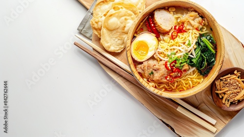 top flat lay view of a wooden bowl of chicken noodle with big bakso urat on rustic . Generative Ai photo