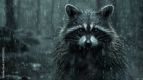 Close-up of a raccoon in the rain, showcasing its wet fur and striking eyes, set against a dark, moody forest background.