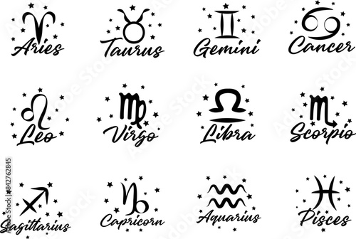 Set of 12 Zodiac Signs with Elegant Script Names. Perfect for Horoscopes and Astrology. Collection of Astrological Zodiacs. Mystical Design. Celestial Icons. Black and White Mystic Symbols.