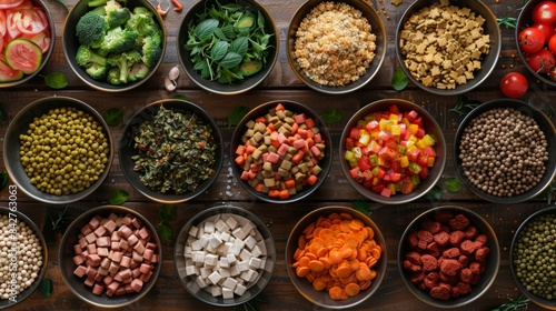 Top view of an assortment of fresh vegetables, grains, and legumes in bowls on a rustic wooden table, showcasing healthy and colorful ingredients.