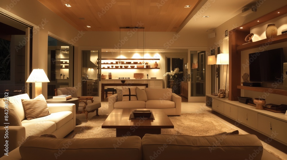 Fototapeta premium Accent lighting in the living room, such as lamps and sconces, creates a warm and inviting atmosphere.