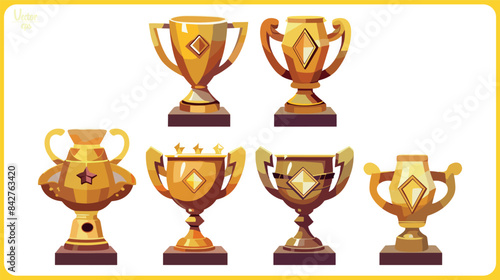 set of vector golden trophy winning award cups, cut out