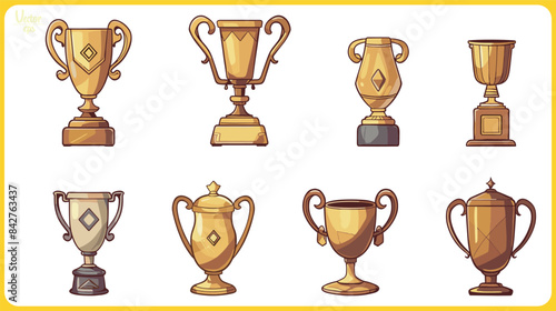 set of vector golden trophy winning award cups, cut out