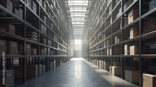 Big warehouse filled with goods. Background image. Created with Generative AI technology. © Artem