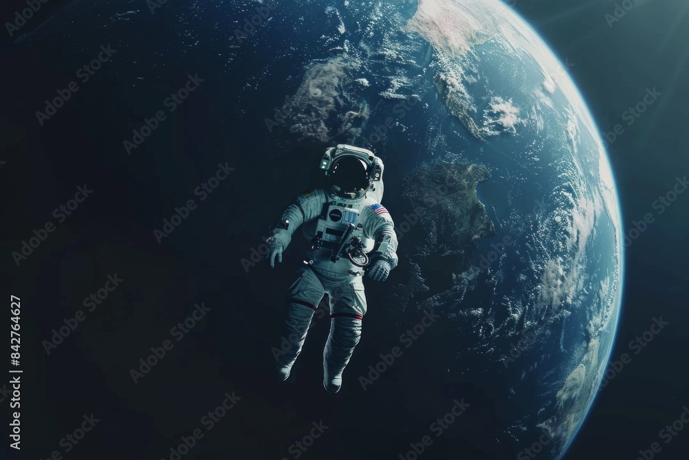 Fototapeta premium While the astronaut drifted in the void of space, the sight of Earth behind him served as a poignant reminder of the planet's beauty and the interconnectedness of all life