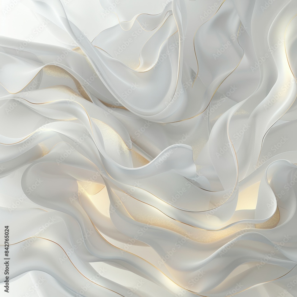 Fototapeta premium This AI generated image depicts gentle, flowing waves of translucent fabric interspersed with soft golden highlights, creating a serene and ethereal visual effect.
