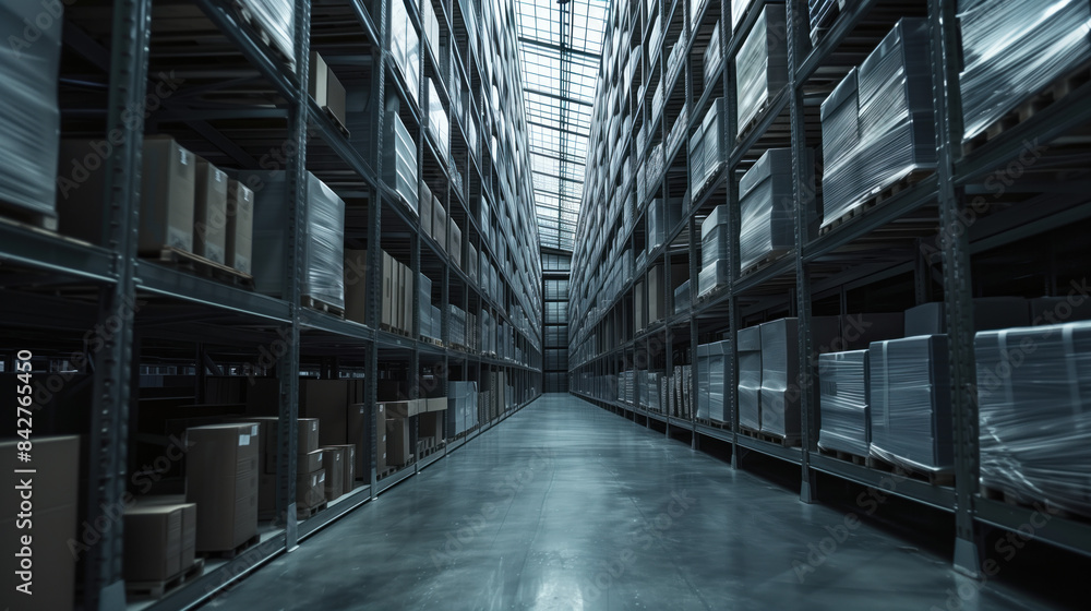 Big warehouse filled with goods. Background image. Created with Generative AI technology. Big warehouse filled with goods. Background image. Created with Generative AI technology.