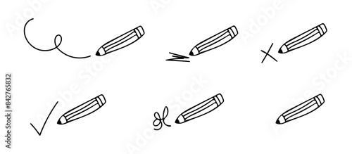 Cartoon Pencil, Drawing Different Lines. Pencil with curve, cross, scribble, сheck mark, crossed out lines in doodle style.