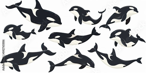 hand drawn illustration of different cute orca whale cartoon on white background 