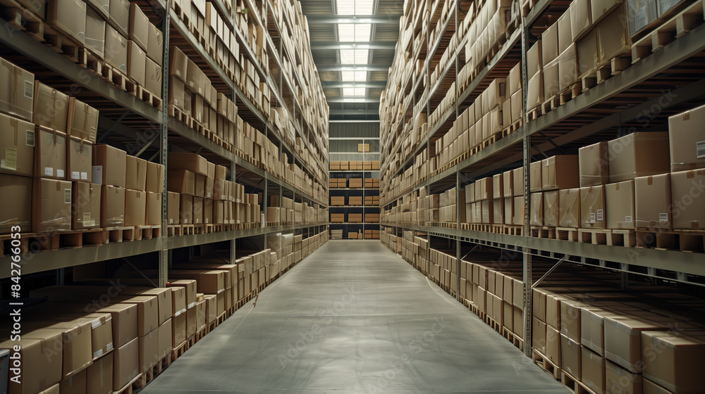Big warehouse filled with goods. Background image. Created with Generative AI technology. Big warehouse filled with goods. Background image. Created with Generative AI technology.