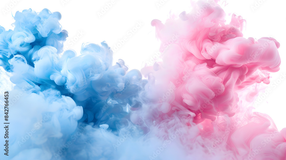 Close up of ink clouds in blue and pink colors. white background. hyper realistic photography 
