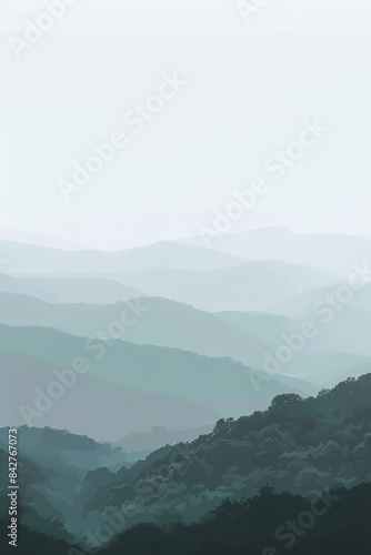 misty morning with a view of rolling hills and distant mountains. © Vitalii But