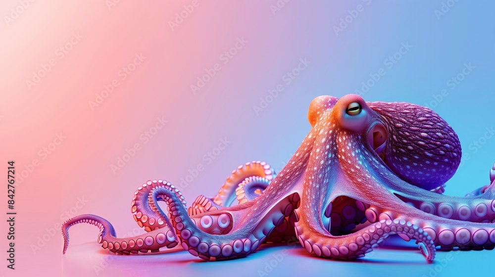 Obraz premium Realistic 3D Octopus With Textured Skin And Tentacles On Blue And Coral Gradient Background In Digital Marine Artwork