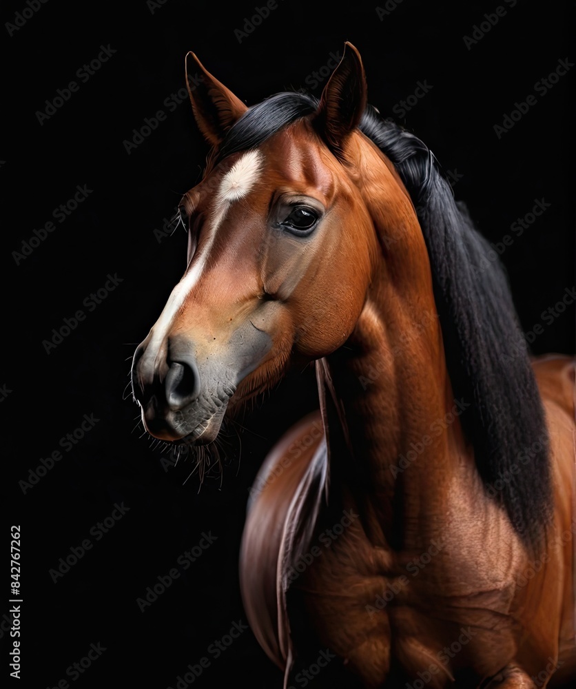 Beautiful bay horse portrait on black background Beautiful bay horse portrait on black background