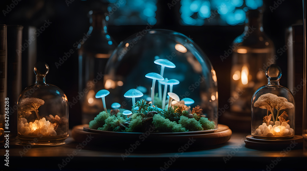 Mystical underground laboratory with bioluminescent fungi