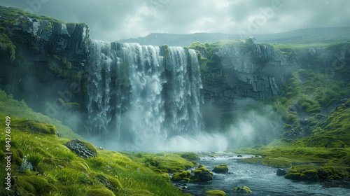 HDR scenic view of an Icelandic valley with a majestic waterfall, lush grass, and vibrant blue hues. AI generative.