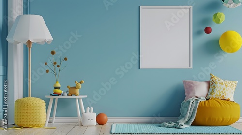 Mock up posters and a vibrant lamp in a child's room with a blue wall, 3D rendering