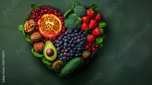A vibrant, heart-shaped arrangement of fresh fruits and vegetables, including strawberries, blueberries, avocado, and walnuts, on a green background. photo