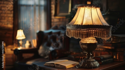 Create an image of a vintage table lamp with an ornate base and a fringed lampshade, casting a warm glow in a cozy study.