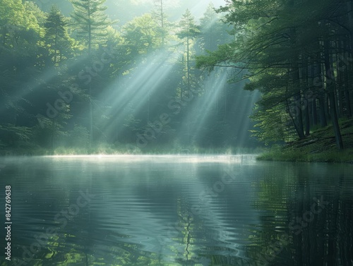 Wallpaper Mural A serene lake in the heart of a dense forest, with early morning fog and light filtering through the trees, casting a soft, tranquil glow Serene, Morning, Foggy, Tranquil Torontodigital.ca